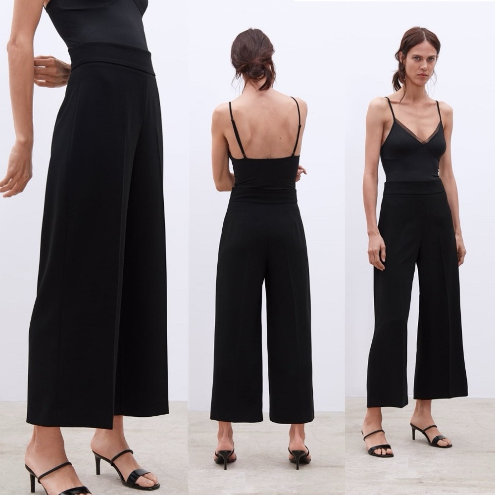 ZARA High waisted cropped black culottes with wide leg Size S NWT